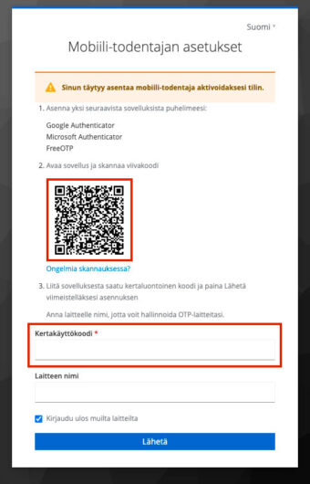 Mobiili-todentajan asetukset” -näkymä.