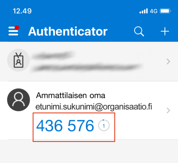 Kertakirjautumiskoodi Microsoft Authenticator -sovelluksessa.